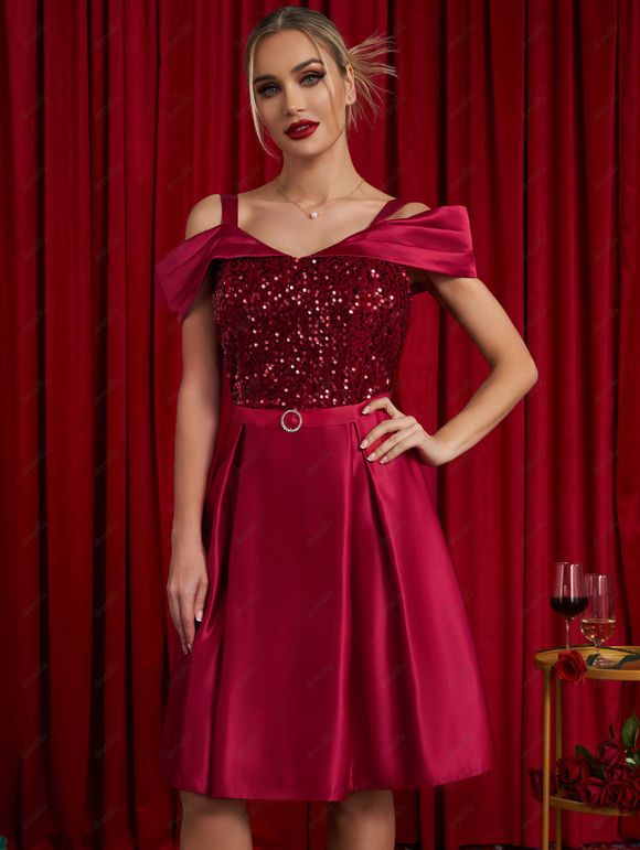 Mini Robe de Soirée Ligne A Plissée Anneau en O à Epaule Dénudée à Paillettes avec Strass - Rouge foncé XL