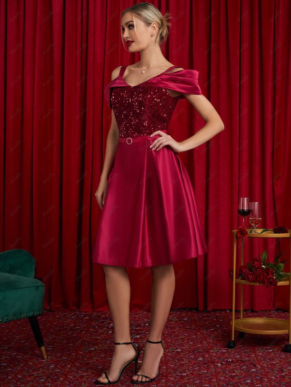 Mini Robe de Soirée Ligne A Plissée Anneau en O à Epaule Dénudée à Paillettes avec Strass - Rouge foncé XL