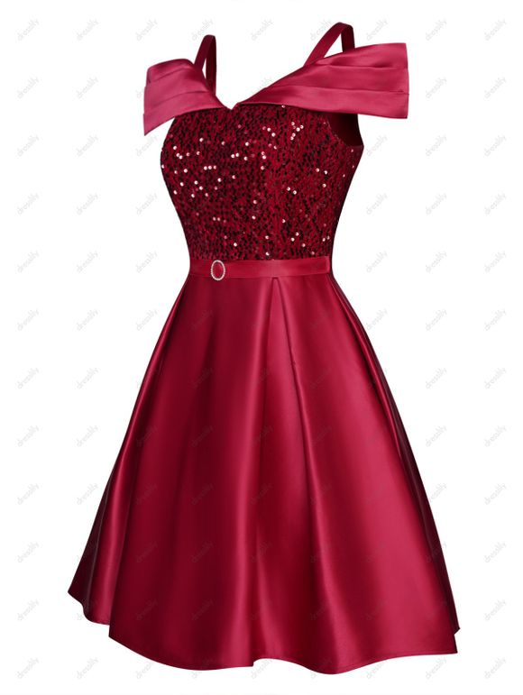 Mini Robe de Soirée Ligne A Plissée Anneau en O à Epaule Dénudée à Paillettes avec Strass - Rouge foncé XL