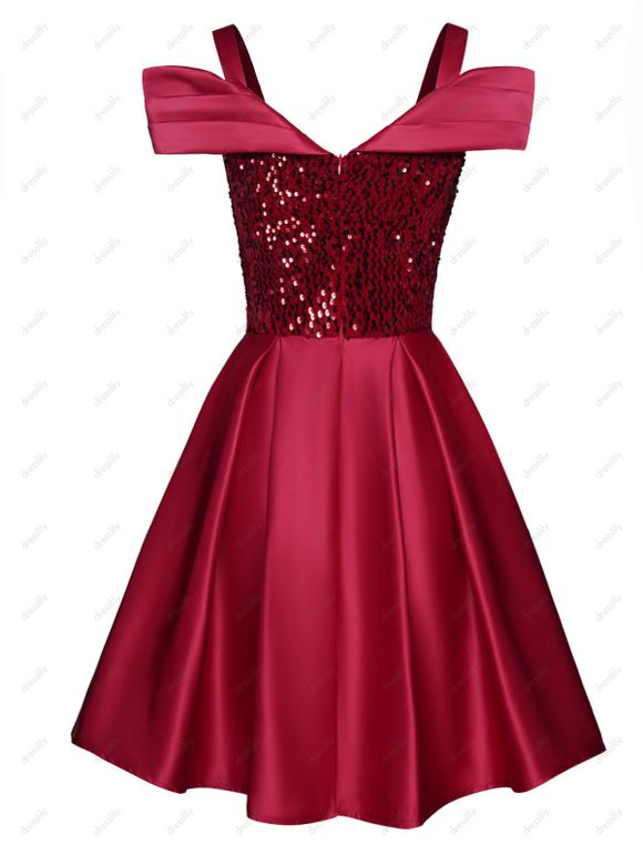 Mini Robe de Soirée Ligne A Plissée Anneau en O à Epaule Dénudée à Paillettes avec Strass - Rouge foncé XL