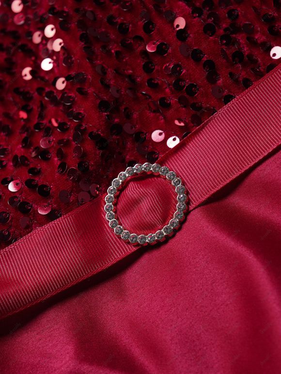 Mini Robe de Soirée Ligne A Plissée Anneau en O à Epaule Dénudée à Paillettes avec Strass - Rouge foncé XL