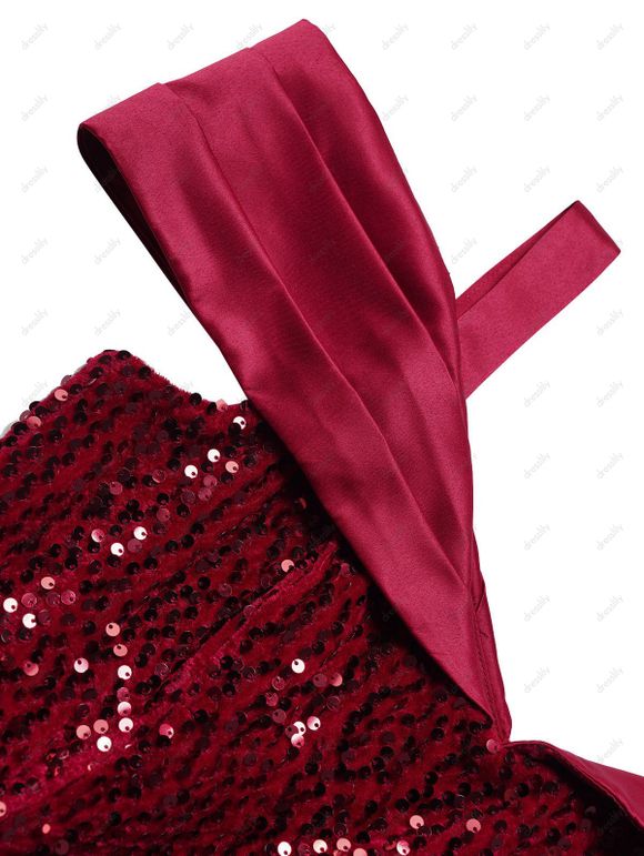 Mini Robe de Soirée Ligne A Plissée Anneau en O à Epaule Dénudée à Paillettes avec Strass - Rouge foncé XL