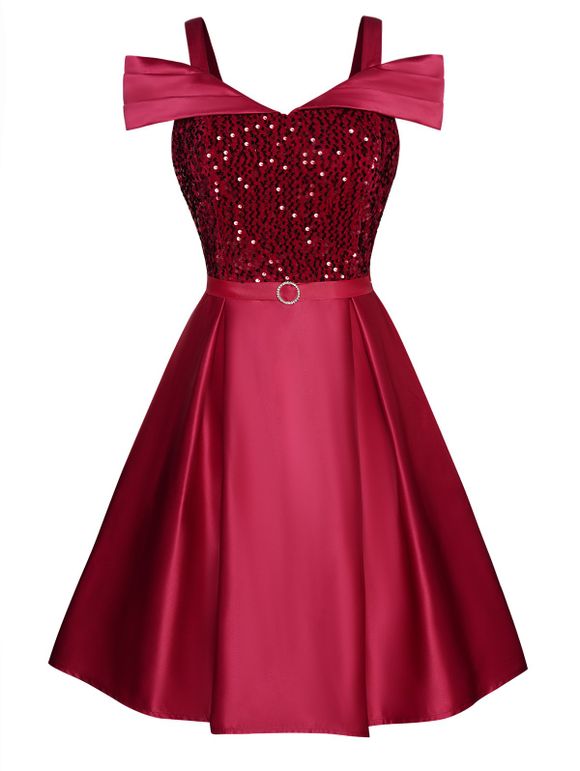 Mini Robe de Soirée Ligne A Plissée Anneau en O à Epaule Dénudée à Paillettes avec Strass - Rouge foncé XL