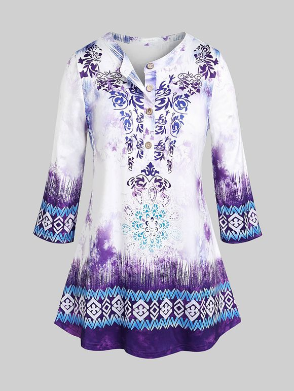 T-shirt Ombré Fleur Demi-Bouton de Grande Taille - Violet clair 5X