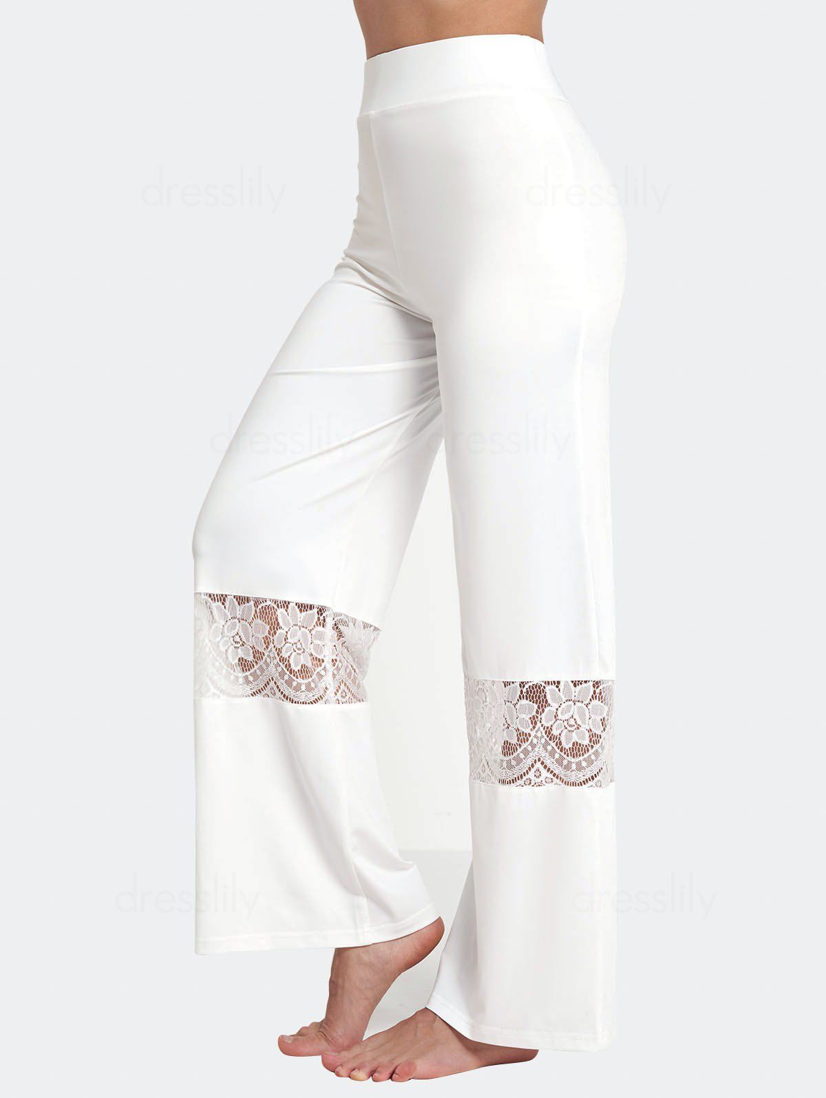Pantalon Lâche Long Fleur Panneau en Dentelle Transparente Taille Elastique - Blanc XXL