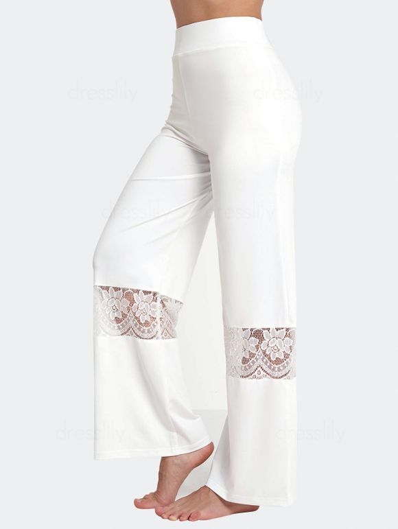 Pantalon Fluide Lâche Long Fleur Panneau en Dentelle Transparente Taille Elastique - Blanc XXL