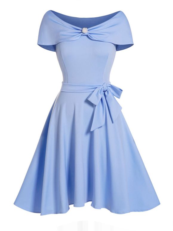 Artificial Pearl Detail Belted Mini Dress Short Sleeve High Waist Party Dress - LIGHT BLUE XL