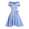 Artificial Pearl Detail Belted Mini Dress Short Sleeve High Waist Party Dress - LIGHT BLUE 2XL