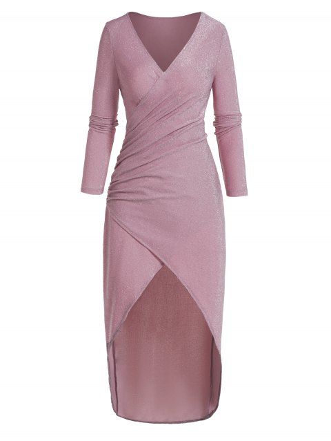 Sparkly Plunging Neck Party Dress Ruched High Slit Long Sleeve Midi Dress