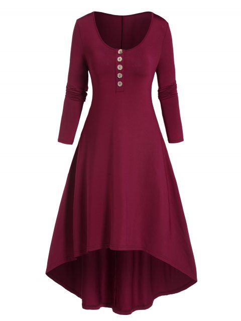 High Low Midi Tee Dress A Quarter Button Solid Color Long Sleeve Dress
