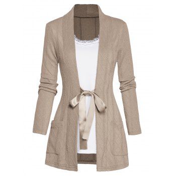 

Geometric Textured Colorblock Faux Twinset Knit Top Long Sleeve Lace Trim Front Pockets Knitted Twofer Top, Light coffee