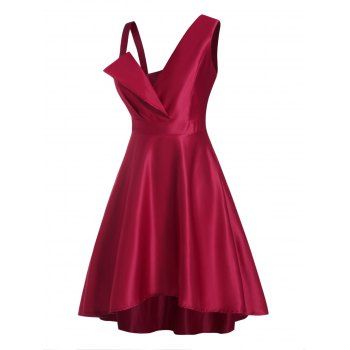 

Uneven Cold Shoulder Asymmetric Party Dress Surplice Plunge High Waist Formal Dress, Red