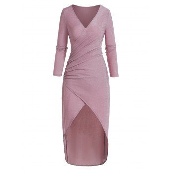 

Sparkly Plunging Neck Party Dress Ruched High Slit Long Sleeve Midi Dress, Light pink