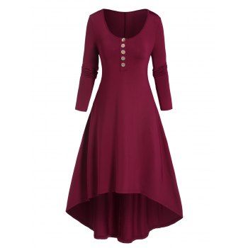 

High Low Midi Tee Dress A Quarter Button Solid Color Long Sleeve Dress, Deep red