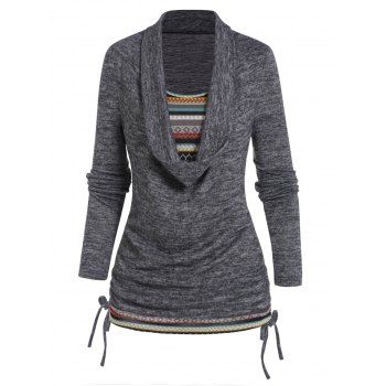 

Tribal Stripe Pattern Panel Knit Top Cowl Neck Cinched Long Sleeve Knitted Top, Gray