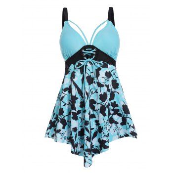 

Contrasting Leaf Print Tummy Control Tankini Swimsuit Lace Up Plunge Asymmetric Tankini Two Piece Swimwear High Waist Bathing Suit, Light blue
