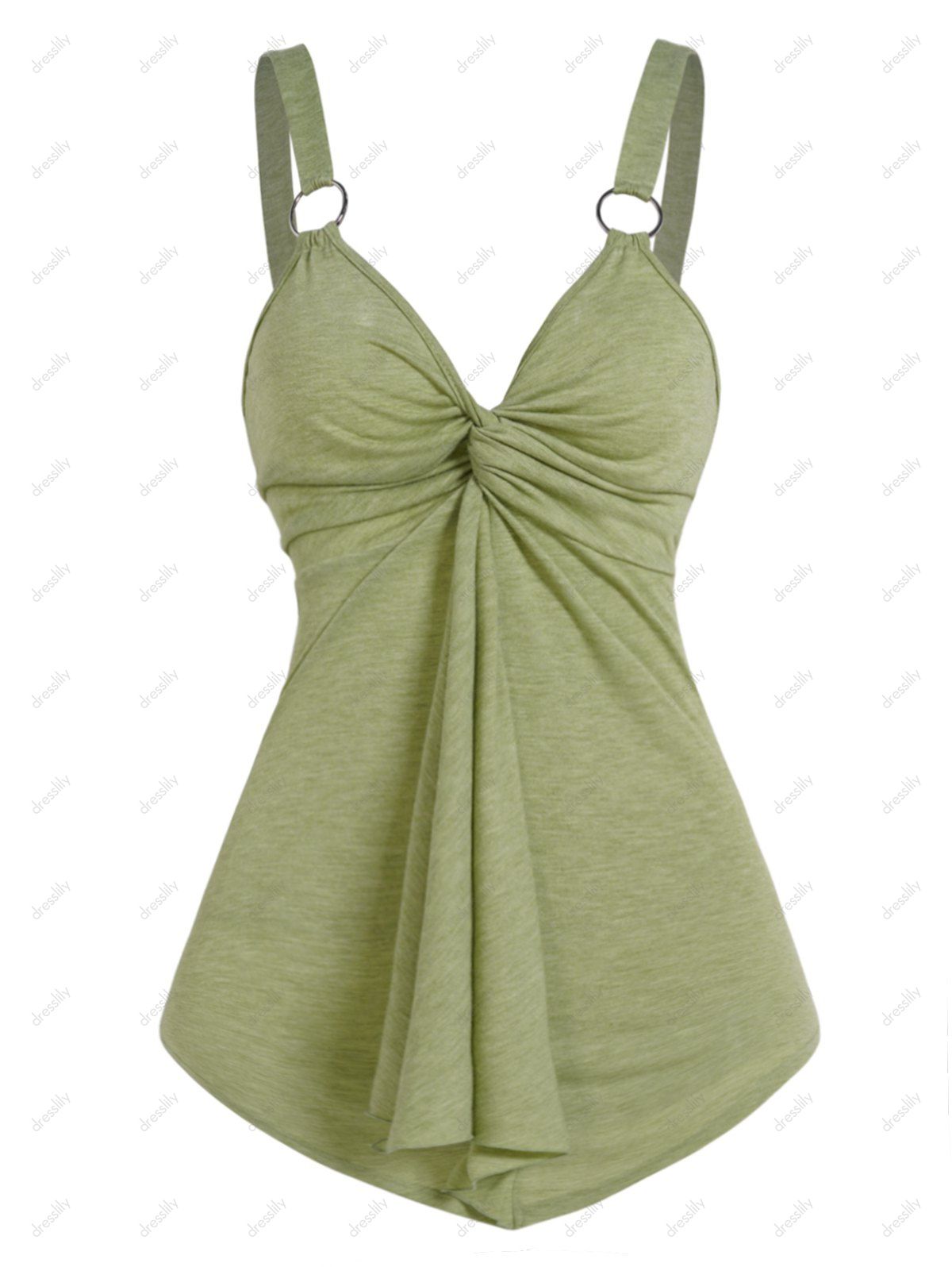 Twist Front Asymmetric Long Tank Top O Ring Strap Plunging Neck Backless Tank Top - LIGHT GREEN XL