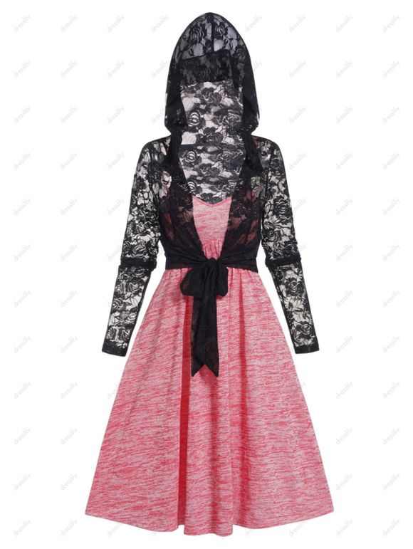 Ensemble de Haut à Capuche Chiné Noué en Avant Transparent et de Robe Mini à Bretelle à Taille Empire Ligne A - Rose clair L