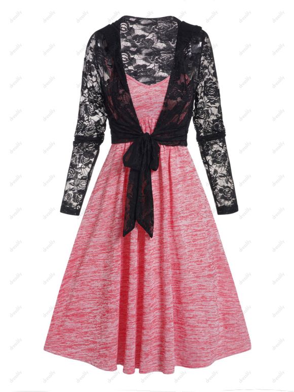 Ensemble de Haut à Capuche Chiné Noué en Avant Transparent et de Robe Mini à Bretelle à Taille Empire Ligne A - Rose clair L