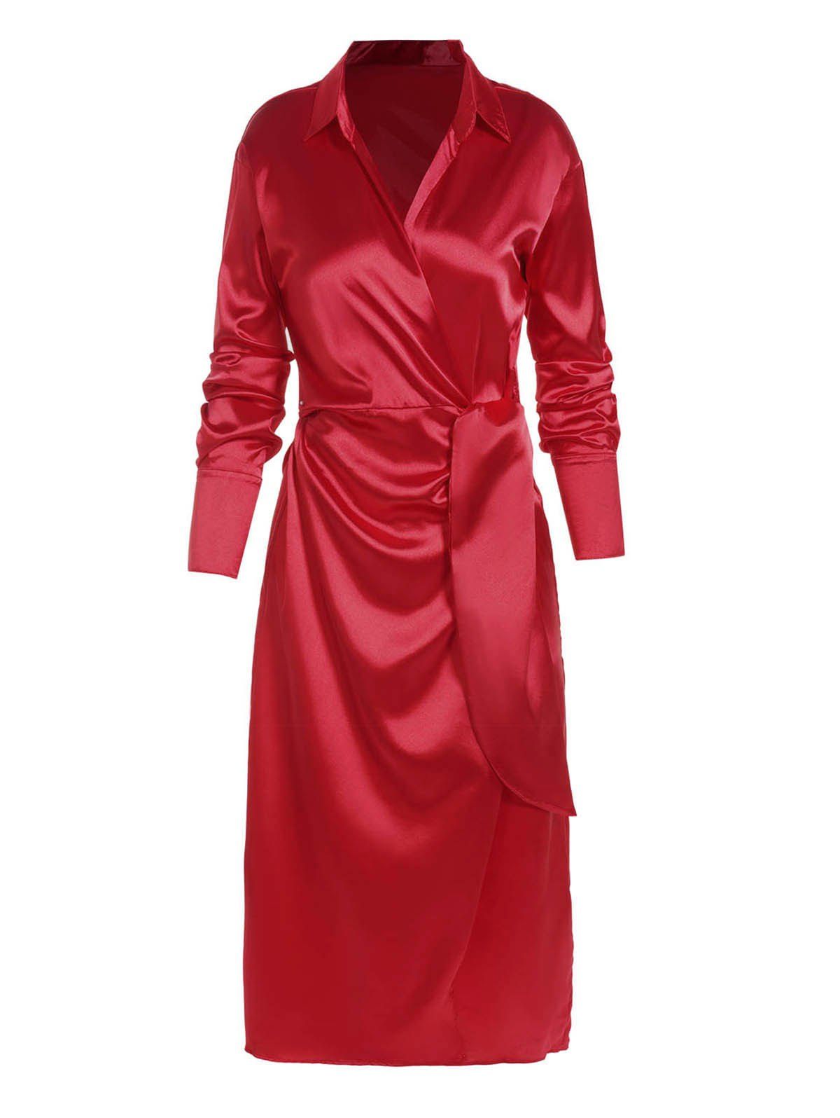 Maxi Robe de Soirée Superposée en Couleur Unie Manches Longues à Taille Haute à Col V - Rouge L
