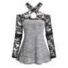 Top Chiné Croisé Fleur Panneau en Dentelle Transparente à Epaule Dénudée à Manches Longues - Gris Clair XXL