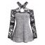 Top Chiné Croisé Fleur Panneau en Dentelle Transparente à Epaule Dénudée à Manches Longues - Gris Clair XXL