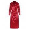 Maxi Robe de Soirée Superposée en Couleur Unie Manches Longues à Taille Haute à Col V - Rouge L