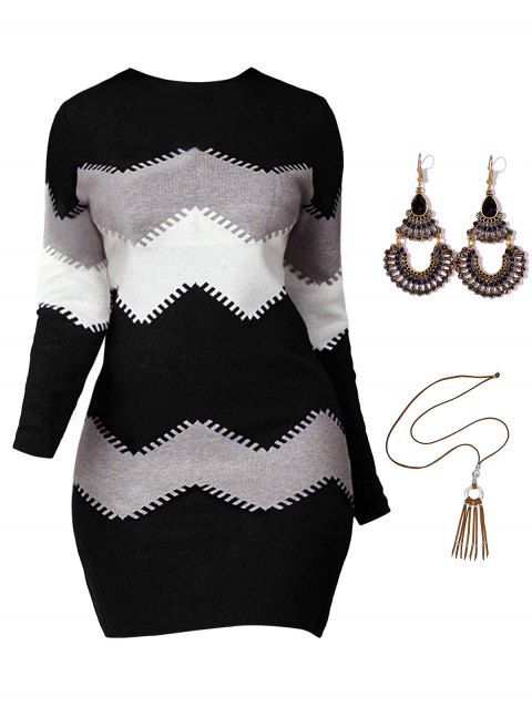 Chevron Print Long Sleeve Mini Dress And Ethnic Tassel Necklace Drop Earrings Outfit