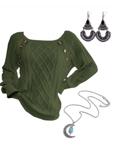 Cable Knit Mock Button Raglan Sleeve Crew Neck Sweater And Necklace Drop Earrings Outfit