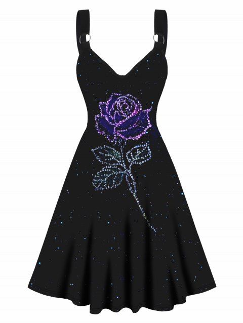 Starry Night Rose Print A Line Dress Sleeveless O Ring Strap High Waist V Neck Dress