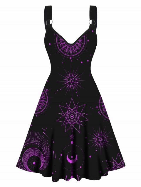 Celestial Moon Star Print A Line Dress Sleeveless O Ring Strap V Neck High Waist Dress