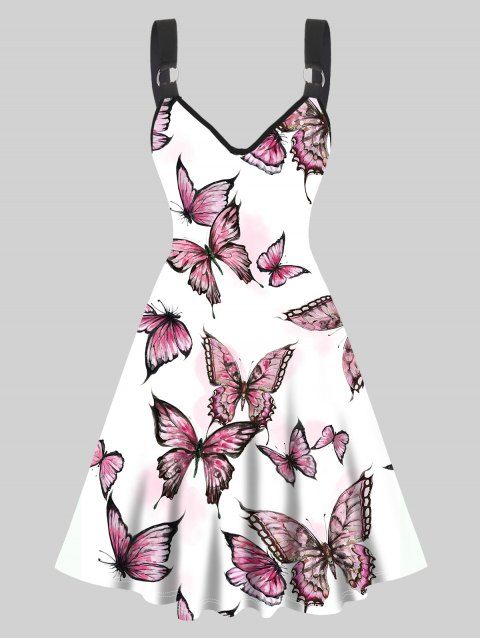 Allover Butterfly Print A Line Dress O Ring Strap Sleeveless High Waist Dress