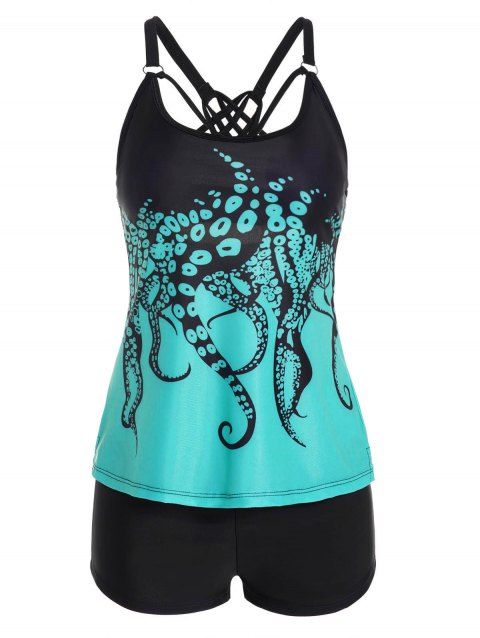 Modest Tankini Swimsuit Colorblock Octopus Print Swimwear Cut Out Crisscross Boyshorts Halter Bathing Suit