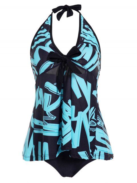 Allover Print Tummy Control Halter Tankini Swimsuit Padded Tankini Two Piece Swimwear Bathing Suit