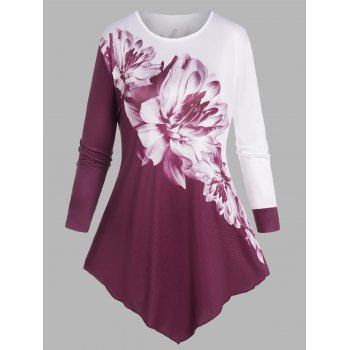 

Casual T Shirt Colorblock T Shirt Ink Painting Flower Asymmetrical Hem Tee, Deep red