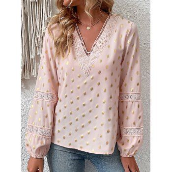 

Hollow Out Lace Panel Foiled Dots Print Blouse V Neck Long Sleeve Top, Light pink