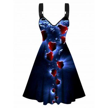 Valentine's Day Water Heart Print A Line Dress O-ring Strap Sleeveless High Waist Dress