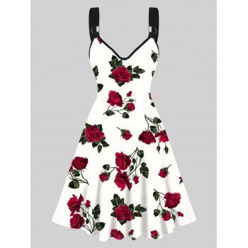 Allover Rose Print Valentine's Day Dress Sleeveless O Ring Strap High Waist A Line Dress