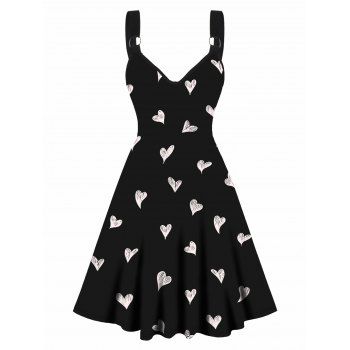 

Love Heart Print Valentine's Day Dress Sleeveless O-ring Straps V Neck A Line Dress, Black