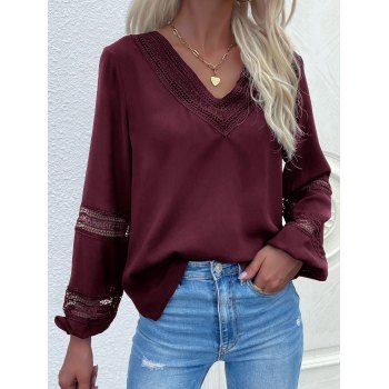 

Hollow Out Panel Long Sleeve Blouse Solid Color V Neck Top, Deep red