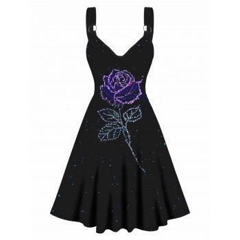 

Starry Night Rose Print A Line Dress Sleeveless O Ring Strap High Waist V Neck Dress, Black