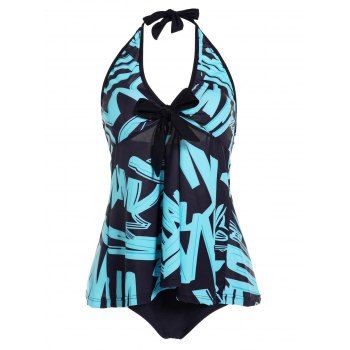 

Allover Print Tummy Control Halter Tankini Swimsuit Padded Tankini Two Piece Swimwear Bathing Suit, Blue