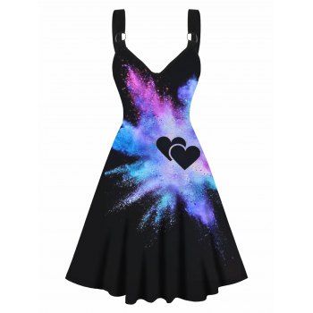 

Heart Paint Print A Line Dress O-ring Strap Sleeveless V NecK High Waist Dress, Black