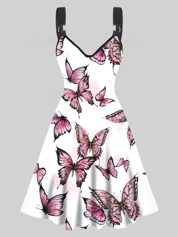 Robe Ligne A à Bretelle Anneau en O à Imprimé Papillon sans Manches à Taille Haute - Blanc S
