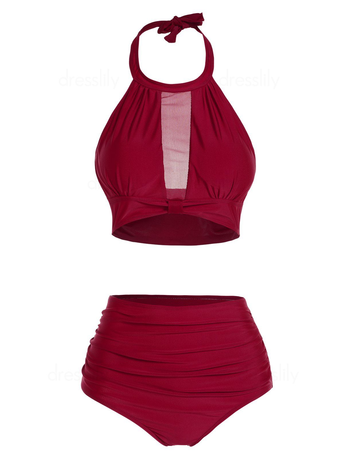 Halter Tankini Swimsuit Cut Out Plain Color Tummy Control Swimwear Padded High Waisted Bathing Suit - DEEP RED XXL