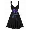Starry Night Rose Print A Line Dress Sleeveless O Ring Strap High Waist V Neck Dress - BLACK S
