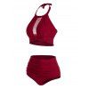 Halter Tankini Swimsuit Cut Out Plain Color Tummy Control Swimwear Padded High Waisted Bathing Suit - DEEP RED XXL