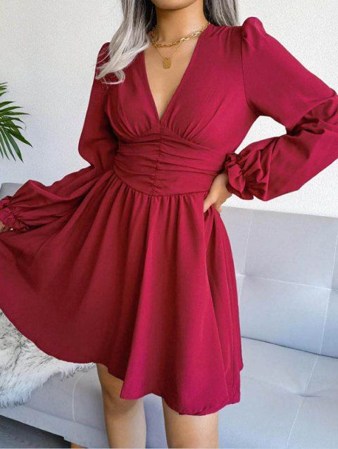 Plunging Neck Long Sleeve Mini Dress Solid Color High Waist A Line Dress