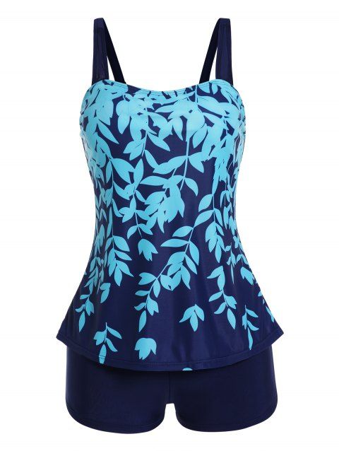 Ensemble de Bikini de Bain Tankini Rembourré Gainant à Imprimé Feuille à Bretelle Ajustable Deux Pièces