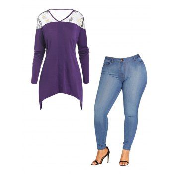 

Plus Size Lace Panel Embroidery Leaf Flower Long Sleeve T Shirt And Solid Color Zipper Fly Skinny Jeans Outfit, Multicolor a